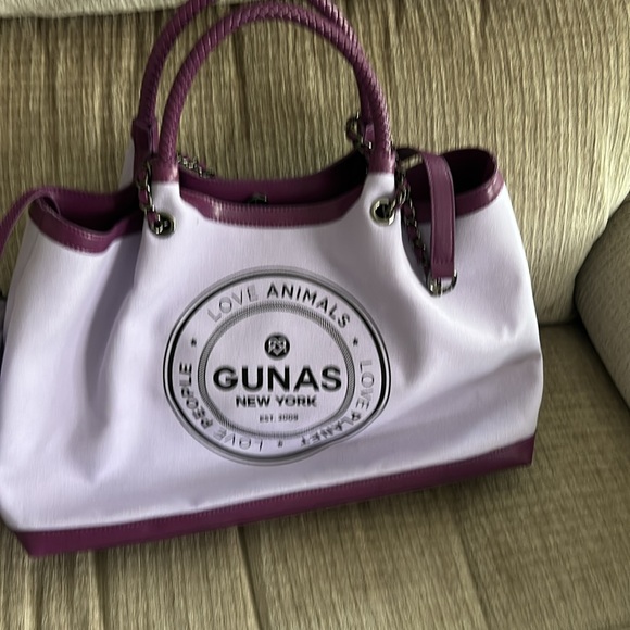 Gunas New York Ruth  canvas tote bag purple trimmed in leather APX 16 x 11 x 4 - Picture 8 of 13